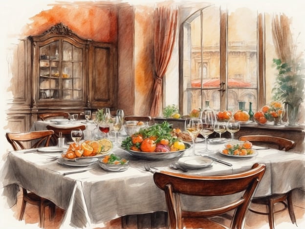 Auf dem Bild ist ein schön gedeckter Tisch in einem eleganten Raum zu sehen, der eine gemütliche Atmosphäre ausstrahlt. Die Tische sind mit einer weißen Tischdecke bedeckt und vielfältige Speisen, wie Obst und Gemüse, sind ansprechend angerichtet.
Das kulinarische Erlebnis in diesem Hotel könnte eine exquisite Auswahl an frischen, regionalen Zutaten umfassen, die typisch für die Umgebung sind. Vielleicht bietet das Hotel ein Restaurant, das saisonale Menüs auf Basis von lokalen Produkten serviert, und die Gäste können die Spezialitäten der Region genießen.
Darüber hinaus könnte die Umgebung des Hotels zahlreiche Möglichkeiten bieten, lokale Märkte zu erkunden, bei denen frische Erzeugnisse und handgemachte Produkte verkauft werden. Solche Erlebnisse würden das kulinarische Abenteuer während eines Aufenthalts bereichern und den Gästen die Gelegenheit geben, die Geschmäcker der Region kennenzulernen.