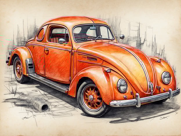 Auf dem Bild ist ein oranger Oldtimer des Typs Volkswagen Käfer zu sehen. Der Wagen hat ein klassisches, rundliches Design und ist in einem lebhaften Farbton gehalten. Die Karosserie weist eine polierte Oberfläche auf, und die Felgen sind im gleichen Farbton lackiert. Der Hintergrund scheint skizzenhaft angedeutet zu sein, was dem Bild einen künstlerischen Touch verleiht.Wenn man in großer Höhe unterwegs ist, wäre es wichtig, den Luftdruck und die Sauerstoffversorgung im Auto zu beachten, um sicherzustellen, dass der Motor optimal funktioniert. Auch die Temperatur kann in Höhenlagen variieren, was sich auf die Leistung des Fahrzeugs auswirken könnte.