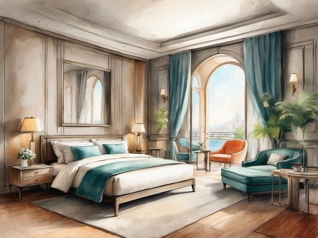 Auf dem Bild ist ein elegantes Hotelzimmer zu sehen. Es verfügt über ein großes Bett mit weißen und türkisfarbenen Kissen. Neben dem Bett steht ein Nachttisch mit einer Lampe und einer kleinen Blumendekoration.
Die Wände sind geschmackvoll gestaltet, und große Fenster lassen viel Licht hereinkommen, wodurch ein schöner Ausblick auf die Stadt zu vermuten ist. Es gibt eine bequeme Sitzecke mit modernen Sessel in Türkis und einem orangen Sessel. Zudem steht ein elegantes Sofa und ein kleiner Tisch, was einen einladenden und komfortablen Eindruck vermittelt. Die langen Vorhänge und die Pflanzen verleihen dem Raum eine angenehme Atmosphäre.