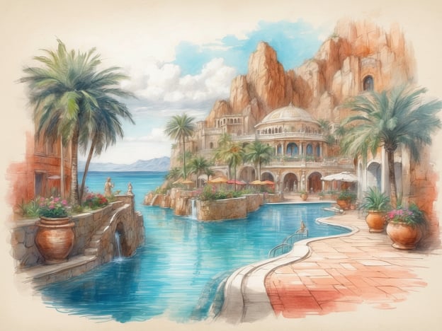 Auf dem Bild ist eine impressionistische Darstellung eines luxuriösen Resorts oder Spa zu sehen, das von Palmen und üppiger Vegetation umgeben ist. Es gibt einen Pool, der sich sanft um die Architektur schlängelt, und im Hintergrund sind majestätische Felsen und Berge zu erkennen.
Gäste, die in solchen Umgebungen übernachten, berichten oft von der entspannenden Atmosphäre und der spektakulären Aussicht. Viele loben das harmonische Zusammenspiel von Natur und Kunstarchitektur, was zur Erholung und zum Wohlbefinden beiträgt. Bewertungen betonen häufig die einladende Poollandschaft, die üppigen Gärten und die Möglichkeit, sich am Wasser zu entspannen, was insgesamt ein Gefühl von Luxus und Exklusivität vermittelt.