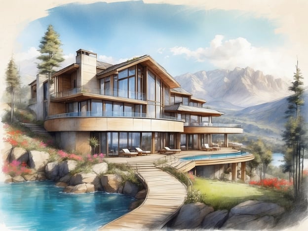 Das Bild zeigt eine moderne Villa mit großen Fenstern und einem eleganten Design, umgeben von einer malerischen Landschaft. Vor der Villa erstreckt sich ein blauer Pool, der einen schönen Kontrast zur grünen Umgebung bildet. Der Weg, der zur Villa führt, ist aus Holz und wird von bunten Blumen und Sträuchern gesäumt. Im Hintergrund erheben sich majestätische Berge unter einem strahlend blauen Himmel.
