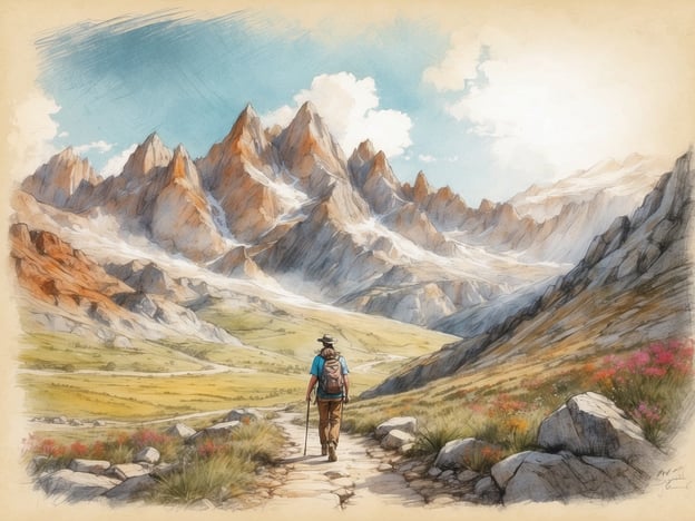Auf dem Bild ist eine malerische Landschaft mit hohen Bergen zu sehen. Ein Wanderer geht auf einem schmalen Pfad durch eine grüne Wiese, die mit bunten Blumen geschmückt ist. Diese Umgebung lädt zu verschiedenen Aktivitäten ein:1. **Wandern und Trekking**: Die Berge und die Natur bieten zahlreiche Wanderwege für unterschiedliche Schwierigkeitsgrade.2. **Fotografieren**: Die atemberaubende Landschaft ist ideal für Fotografen, die die Schönheit der Natur festhalten möchten.3. **Vogelbeobachtung**: In solchen Gebieten sind oft viele Vogelarten zu finden, die man beobachten kann.4. **Picknicken**: Die Wiesen laden dazu ein, eine Pause einzulegen und ein Picknick in der Natur zu genießen.5. **Naturerkundung**: Es gibt viele Möglichkeiten, die Flora und Fauna der Region zu erkunden, etwa durch geführte Touren.Diese Aktivitäten machen die Umgebung zu einem attraktiven Ziel für Naturliebhaber und Abenteuerlustige.