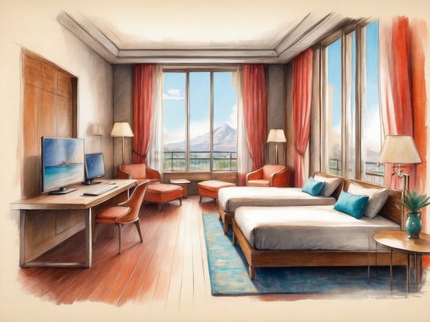 Auf dem Bild ist ein modernes Zimmer zu sehen, das eine helle und freundliche Atmosphäre ausstrahlt. Es gibt zwei Einzelbetten, die geschmackvoll mit Kissen in sanften Farben ausgestattet sind. Der Raum ist mit großen Fenstern ausgestattet, die viel Tageslicht hereinlassen und eine schöne Aussicht auf eine bergige Landschaft ermöglichen.In einer Ecke steht ein eleganter Tisch mit einem Computer und einem Monitor, was darauf hindeutet, dass der Raum auch für geschäftliche Zwecke genutzt werden kann. Neben dem Tisch befinden sich zwei gemütliche Sessel in einem warmen Farbton, die zu einem kleinen Tisch passen. Die Wände sind in neutralen Tönen gehalten, während die Vorhänge in einem kräftigen Rotton das Farbkonzept auflockern.Ein Teppich mit einem dezenten Muster vervollständigt die Einrichtung und sorgt für ein gemütliches Ambiente. Insgesamt wirkt der Raum stilvoll und einladend.