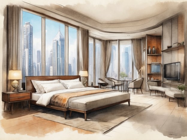 Ein modernes Hotelzimmer im Millennium Mitsui Garden Hotel Tokyo ist zu sehen. Das Zimmer verfügt über ein großes Fenster mit Blick auf die Skyline von Tokyo. Ein bequemes Doppelbett mit weißen und braunen Kissen ist im Vordergrund platziert. Neben dem Bett steht ein Nachttisch mit einer Lampe. Auf der gegenüberliegenden Seite befindet sich ein TV-Gerät, umgeben von stilvollen Regalen. Zwei elegante Sessel und ein kleiner Tisch laden zum Entspannen ein. Große Vorhänge lassen viel Licht herein und schaffen eine helle, freundliche Atmosphäre.