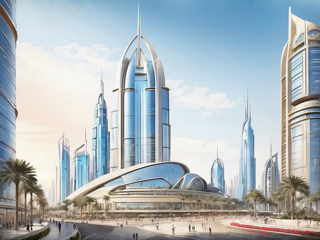 Eine beeindruckende moderne Skyline mit hochmodernen Wolkenkratzern und dem Millennium Place Barsha Heights als zentralem Element ist zu sehen. Die Gebäude zeichnen sich durch eine futuristische Architektur aus, mit glänzenden Glasfassaden und markanten Formen. Palmen säumen die Straßen, während Menschen in der Umgebung flanieren. Der Himmel ist klar und strahlend, was der Szene eine lebendige Atmosphäre verleiht.