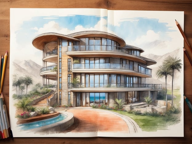 Auf dem Bild ist eine künstlerische Darstellung eines modernen Mehrfamilienhauses oder einer Villa zu sehen. Das Gebäude besticht durch seine geschwungene Architektur mit großen Fenstern, die viel Licht hereinlassen und einen Blick auf die umliegende Landschaft bieten.Zu den Annehmlichkeiten und Serviceangeboten, die ein solches Anwesen bieten könnte, gehören:- **Schwimmbad**: Ein moderner Pool, ideal zum Entspannen und für Aktivitäten im Freien.- **Gartenlandschaft**: Sorgfältig gestaltete Gärten mit verschiedenen Pflanzen und Ruhebereichen.- **Terrassen**: Großzügige Außenbereiche für geselliges Beisammensein oder um die Aussicht zu genießen.- **Parkmöglichkeiten**: Sichere Parkplätze für Bewohner und Gäste.- **Intelligente Haustechnik**: Modernste Technologie zur Steuerung von Beleuchtung und Sicherheit.- **Wohneinheiten**: Hochwertig ausgestattete Wohnungen mit stilvollen Küchen und Bädern.Solch ein Ort verspricht ein luxuriöses und komfortables Wohnerlebnis.