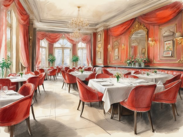 Auf dem Bild ist ein elegantes Restaurant zu sehen. Die Inneneinrichtung wirkt sehr stilvoll, mit roten Samtstühlen und Tischen, die mit weißen Tischdecken gedeckt sind. Große Fenster sorgen für viel Licht und bieten wahrscheinlich einen schönen Ausblick.
Kundenbewertungen könnten Folgendes beinhalten: Viele Gäste schätzen die Atmosphäre und das geschmackvolle Dekor, das eine gehobene Erfahrung verspricht. Einige könnten die ausgezeichnete Bedienung und die Vielfalt der Speisekarte loben, während andere möglicherweise die Ruhe und Gemütlichkeit des Ortes hervorheben. Häufig erwähnen Besucher die hochwertige Präsentation der Gerichte und die Aufmerksamkeit der Kellner, was das Gesamterlebnis unvergesslich macht.