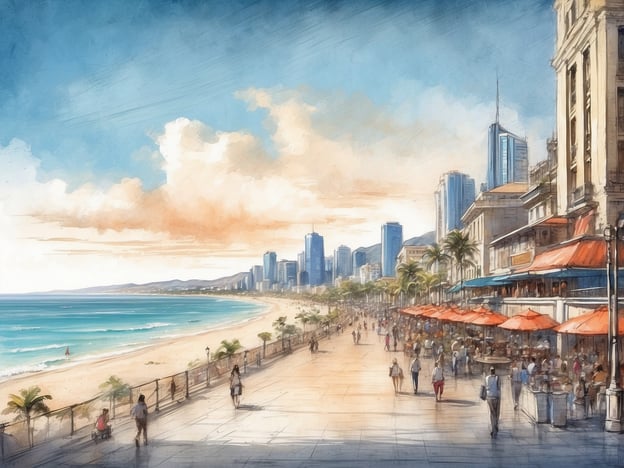 Auf dem Bild ist eine belebte Strandpromenade in einer Küstenstadt zu sehen. Im Vordergrund schlendern zahlreiche Menschen entlang der gepflasterten Promenade, einige sitzen an Tischen mit Sonnenschirmen. Die Umgebung ist von Palmen gesäumt, was ein tropisches Flair vermittelt.
Auf der rechten Seite befinden sich mehrere Gebäude und Geschäfte, die typisch für ein urbanes Strandgebiet sind. Im Hintergrund sieht man moderne Wolkenkratzer, die an die Skyline der Stadt erinnern. Der Strand erstreckt sich links bis zum türkisfarbenen Wasser des Meeres, in dem einige Segelboote sichtbar sind. Der Himmel ist blau mit einigen Wolken, während das Licht eine angenehme, warme Atmosphäre schafft.