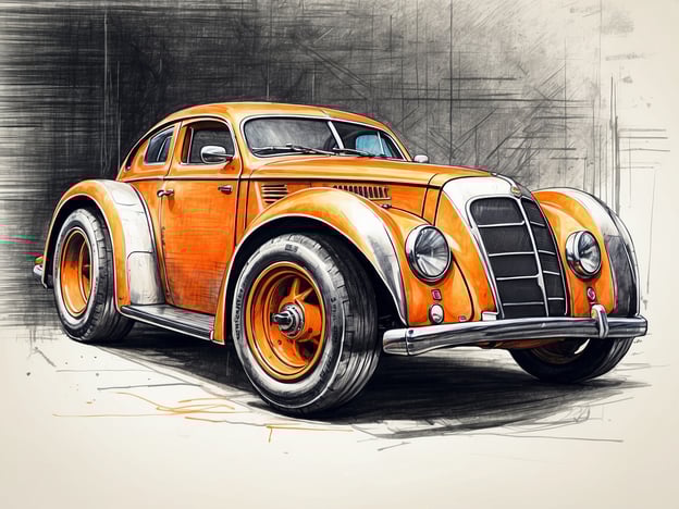 Auf dem Bild ist ein orangefarbener Oldtimer zu sehen, der im Stil eines klassischen Autos gezeichnet ist.Im Gegensatz dazu sind moderne Entwicklungen im Freiklettern geprägt von technischen Fortschritten, wie etwa der Einsatz von leistungsstarken Klettersportgeräten und fortschrittlichen Materialien. Kletterer nutzen heute innovative Technologien wie verbesserte Sicherungssysteme und leichte, atmungsaktive Kleidung, die die Beweglichkeit fördern. Zudem hat die Digitalisierung auch im Freiklettern Einzug gehalten, mit Apps zur Routenplanung und einer umfangreichen Online-Community, die den Austausch und das Lernen erleichtern.