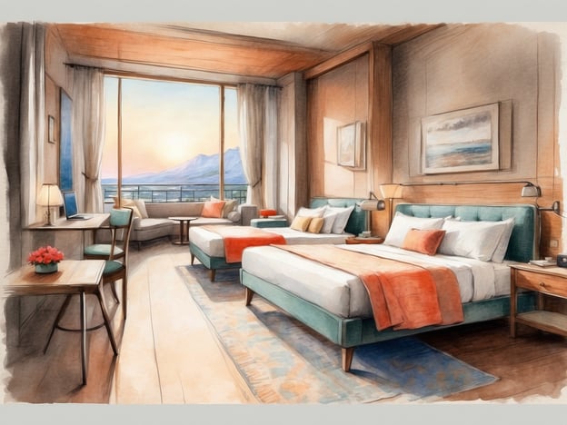 Auf dem Bild ist ein modernes Hotelzimmer zu sehen. Es verfügt über zwei große Betten mit hellen Bettwäsche und farbigen Tagesdecken. An den Wänden hängen Bilder, und es gibt einen Teppich, der den Raum gemütlicher macht.
Vor den Fenstern befinden sich große Vorhänge, die viel Licht hereinlassen und einen Blick auf eine Landschaft mit Bergen und einem Sonnenuntergang ermöglichen.
Im Zimmer befindet sich auch ein Schreibtisch mit einem Stuhl und einem Laptop, sowie ein kleiner Tisch mit einer Blumenvase. Eine Sitzecke mit einem Sofa und weiteren Kissen lädt zum Entspannen ein. Insgesamt wirkt das Zimmer freundlich und einladend.