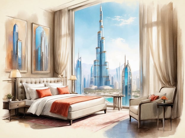 Ein luxuriöses Hotelzimmer im Millennium Plaza Downtown Hotel Dubai mit einem großen Fenster, das einen atemberaubenden Blick auf die Skyline von Dubai bietet. Die Einrichtung des Zimmers ist modern und elegant, mit einem bequemen Bett, geschmackvollen Kissen in Orangetönen und einem gemütlichen Sitzbereich mit einem Sessel und Beistelltisch. Helle Vorhänge lassen das Tageslicht einströmen, während Kunstwerke an den Wänden die stilvolle Atmosphäre ergänzen. Im Hintergrund ragt der Burj Khalifa, das höchste Gebäude der Welt, in den Himmel.
