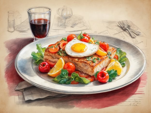 Auf dem Bild ist ein kunstvoll angerichteter Teller mit einer delikaten Speise zu sehen. Es handelt sich um ein Stück Fisch, das wahrscheinlich gegrillt oder gebraten wurde, garniert mit einem Spiegelei und frischen Tomaten. Dazu kommen Zitronenschnitze und eine bunte Auswahl an frischem Gemüse, was dem Gericht eine ansprechende Optik gibt.
Im NYX Hotel könnte man solche kulinarischen Erlebnisse genießen, die durch frische Zutaten und kreative Präsentation bestechen. Die Menüs bieten oft saisonale und lokale Spezialitäten, die den Aufenthalt zu einem unvergesslichen Genuss machen.