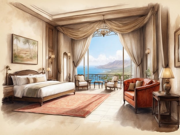 Ein elegantes Zimmer im Millennium Resort Salalah mit einem großen Doppelbett, gemütlicher Sitzgelegenheit und einem stilvollen Teppich. Durch große Fenster bietet der Raum einen atemberaubenden Blick auf das Meer und die umliegende Landschaft. Die Einrichtung kombiniert klassische Elemente mit modernen Akzenten, während sanfte Farben eine entspannende Atmosphäre schaffen. An den Wänden hängen Kunstwerke, und sanftes Licht fällt durch die Vorhänge, die den Raum harmonisch ergänzen.