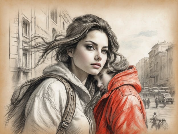 Auf dem Bild sind zwei junge Frauen zu sehen, die eng beieinander stehen. Die eine Frau trägt eine helle, dicke Jacke mit einem Kapuze und hat langes, gewelltes Haar, das im Wind weht. Ihre Gesichtszüge sind ausdrucksstark und fangen Aufmerksamkeit mit großen Augen und einem sanften Gesichtsausdruck.Die zweite Frau steht etwas hinter ihr und lehnt ihren Kopf an die Schulter der ersten. Sie trägt eine leuchtend rote Jacke, die einen starken Kontrast zu der neutralen Farbgebung der anderen Kleidung bietet. Ihre Gesichtszüge sind eher schemenhaft, was dem Bild einen geheimnisvollen Charakter verleiht.Im Hintergrund ist eine städtische Szenerie angedeutet, mit Gebäuden und einer Straße, auf der sich Menschen und Fahrzeuge bewegen. Die Verwendung von sanften Bleistiftstrichen und Aquarellfarben verleiht dem gesamten Bild eine nostalgische und künstlerische Note. Die Kombination aus realistischen Elementen und skizzenhaften Details schafft eine ansprechende Komposition, die Emotionen und zwischenmenschliche Verbindungen vermittelt.