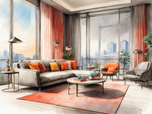 Auf dem Bild ist ein modernes und stilvolles Wohnzimmer zu sehen, das mit großen Fenstern viel Licht hereinlässt und einen schönen Blick auf die Stadt bietet. Es gibt ein bequemes graues Sofa mit bunten Kissen, einen runden Couchtisch und verschiedene Sitzmöglichkeiten, darunter einen gemütlichen Sessel. Die Farben und die Einrichtung wirken einladend und elegant.Im Leonardo Hotel Newcastle könnte eine ähnliche Ausstattung vorhanden sein. Die Zimmer bieten oft moderne Annehmlichkeiten wie große Fenster für natürliche Beleuchtung, geschmackvolle Möbel und eine gemütliche Atmosphäre, perfekt für Entspannung oder Arbeit. Das Hotel könnte auch verschiedene Zimmertypen haben, die über diese Annehmlichkeiten verfügen, um den Bedürfnissen der Gäste gerecht zu werden.