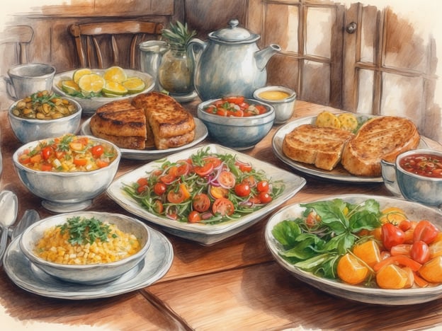 Auf dem Bild sind zahlreiche kulinarische Speisen zu sehen, die zu einem reichhaltigen und einladenden Festmahl aneinander angerichtet sind. Es gibt verschiedene Salate, darunter einen bunten Tomatensalat, eine Mischung aus frischen grünen Blättern und eine Auswahl an Gemüse. Dazu sind aromatische Beilagen wie Couscous oder ein herzhaftes Gericht in einer Schüssel.
Das Leonardo Hotel Newcastle bietet eine Vielzahl von kulinarischen Highlights, die lokale und internationale Küche vereinen. Zu den besonderen Gerichten gehören oft regionale Spezialitäten, die mit frischen Zutaten zubereitet werden. Gäste können sich auf ein vielfältiges Frühstücksbuffet freuen, das sowohl kontinentale als auch britische Frühstücksoptionen umfasst, inklusive frisch zubereiteter Zutaten und leckeren Backwaren.