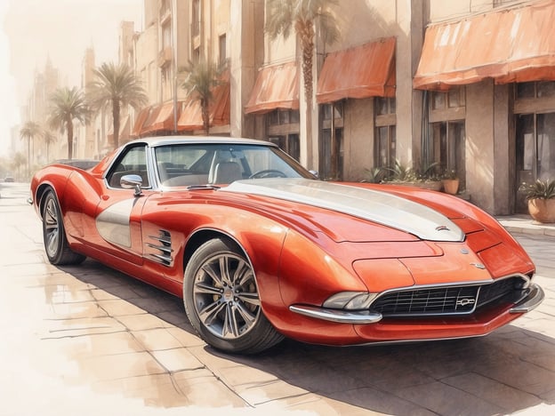 Ein rotes Sportauto mit einem weißen Streifen steht auf einer sonnigen Straße, umgeben von Palmen und modernen Gebäuden mit orangefarbenen Markisen. Die vordere Seite des Fahrzeugs hat ein markantes Design mit verchromten Details, während die Fenster einladend geöffnet sind. Das Bild vermittelt ein Gefühl von Luxus und stilvollem Fahren in einer urbanen Umgebung.