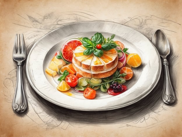 Auf dem Bild ist ein kunstvoll angerichteter Teller zu sehen, der ein delikates Gericht enthält. Die Präsentation begeistert mit einer Vielfalt an frischen Früchten wie Orangen, Limetten, Kirschen und Trauben, die harmonisch angeordnet sind. Dazu sind einige essbare Pflanzen und Kräuter zu sehen, die dem Gericht eine grüne Note verleihen.
In einem Hotel könnte dieses Gericht Teil eines eleganten Frühstücks oder eines leichten Mittagessens sein, das Gästen ein besonderes gastronomisches Erlebnis bietet. Die Kombination aus frischen Zutaten und dem ansprechenden Design sorgt für einen genussvollen und unvergesslichen Moment während ihres Aufenthalts. Solche Präsentationen steigern nicht nur die Vorfreude auf das Essen, sondern sind auch ein Zeichen für die hohe Qualität der Gastronomie im Hotel.