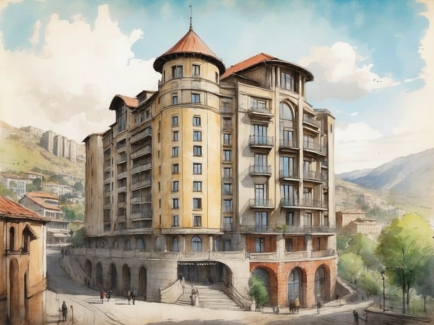 Das Biltmore Hotel Tbilisi ist ein modernes, architektonisch ansprechendes Gebäude mit mehreren Stockwerken, das am Fuße eines sanften Hügels liegt. Die Fassade kombiniert helle und warme Farben mit großen Fenstern und Balkonen, die zur großzügigen Gestaltung beitragen. Die umgebende Landschaft ist von grünen Hügeln und einer malerischen Stadtansicht geprägt, während auf der Straße Menschen umhergehen. Der Eingang ist mit einer breiten Treppe und Bögen gestaltet, die dem Gebäude einen eleganten Charakter verleihen. Der Himmel ist hell und bewölkt, was der Szenerie eine angenehme Atmosphäre verleiht.