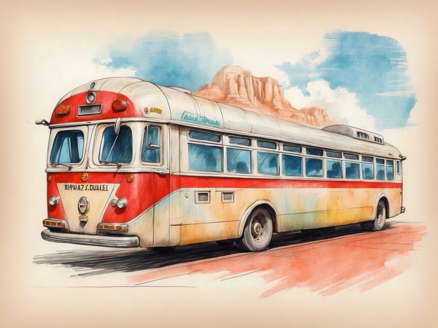 Auf dem Bild ist ein älterer, farbenfroher Bus zu sehen, der auf einer Straße steht. Die Gestaltung des Busses lässt darauf schließen, dass er möglicherweise ein historisches Modell ist. Im Hintergrund sind Berge oder Felsen zu erkennen, die eine natürliche Landschaft darstellen.
Die Szene könnte in der Nähe einer Haltestelle oder eines Reiseveranstalters stattfindet, wo Personen mit dem Bus zu ihrem Ziel reisen könnten. Dienste wie öffentliche Verkehrsmittel oder Touristenfahrten könnten hier angeboten werden. Solche Busse sind oft Teil von Reise- oder Transportdiensten und bieten eine Möglichkeit, verschiedene Einrichtungen oder Sehenswürdigkeiten zu erreichen.