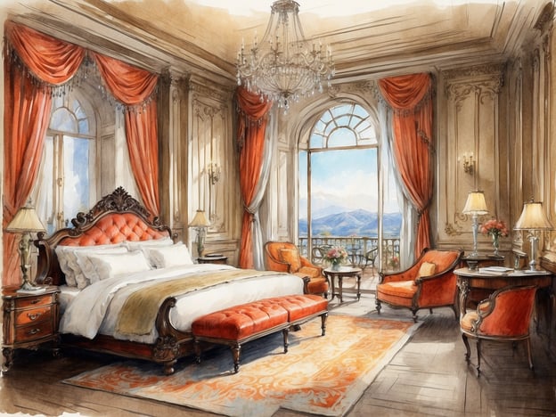 Auf dem Bild ist ein luxuriöses Hotelzimmer zu sehen, das mit opulenten historischen Details gestaltet ist. Die Einrichtung umfasst ein großes, elegantes Bett mit einer auffälligen, gepolsterten Kopfteil, umgeben von reich verzierten Möbeln. Rote Vorhänge und eine Kristall-Deckenleuchte verleihen dem Raum einen eleganten Touch.
Das Hotelzimmer liegt in einem charmanten Hotel, das von der glorreichen Vergangenheit der Gastfreundschaft erzählt. Die Kunst der Innengestaltung spiegelt den Reichtum vergangener Epochen wider, als Hotelzimmer Orte des Rückzugs und der Erholung waren, die Komfort und Stil vereinten. Die großen Fenster bieten einen Blick auf die umliegende Landschaft, was die Atmosphäre des Luxus und der Entspannung unterstreicht, die Gäste in solchen historischen Hotels suchen.