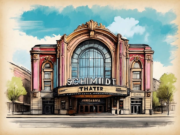 Das Bild zeigt die beeindruckende Fassade des Schmidt Theaters in Hamburg. Die Architektur ist im nostalgischen Stil gehalten und besticht durch eine große, gewölbte Fensterfront und reichhaltige Verzierungen. Der Schriftzug "SCHMIDT" ist markant über dem Eingang platziert, während darunter "THEATER" in leuchtenden Buchstaben prangt. Die Verwendung von kräftigen Farben, insbesondere Rosa und Gold, verleiht dem Gebäude einen festlichen Charakter. In der Umgebung sind einige Bäume sichtbar, die dem Bild eine grüne Note hinzufügen, und der Himmel ist hellblau mit einigen Wolken.