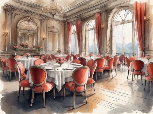 Auf dem Bild ist ein elegantes Restaurant zu sehen, das ideal für ein gehobenes Dining-Erlebnis im Hotelrestaurant ist. Der Raum ist geschmackvoll eingerichtet mit runden Tischen, weißen Tischdecken und roten Stühlen. Der Anblick wird durch die großen Fenster, die natürliches Licht hereinlassen und eine schöne Aussicht auf die umliegende Landschaft bieten, zusätzlich verschönert.
Die Wände sind kunstvoll gestaltet, und es gibt Blumenarrangements auf den Tischen, die eine einladende und festliche Atmosphäre schaffen. Die Kristalllüster an der Decke verleihen dem Raum eine luxuriöse Stimmung, die perfekt für ein besonderes Dinner geeignet ist.