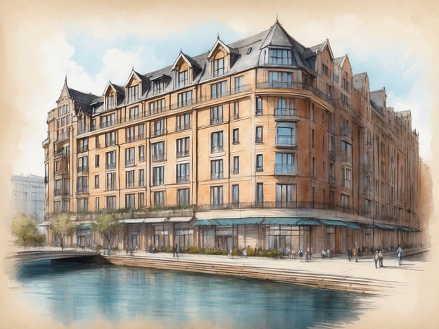 Das Bild zeigt das Lowry Hotel, ein elegantes Gebäude in einer modernen Architektur am Ufer eines Gewässers. Die Fassade ist aus hellem Stein gebaut, mit vielen Fenstern und Balkonen, die eine einladende Atmosphäre erzeugen. Um das Hotel herum sind kleine Bäume und Pflanzen angeordnet, und es sind mehrere Personen zu sehen, die entlang des Wassers spazieren. Der Himmel ist klar und blau, was dem Bild eine frische und lebendige Note verleiht.