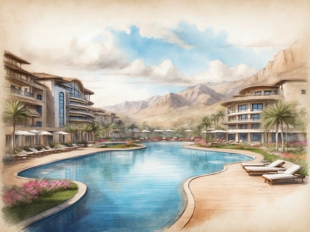 Auf dem Bild ist ein luxuriöses Hotel oder Resort zu sehen, das sich an einem Pool mit einer geschwungenen Form befindet. Der Pool ist von Sonnenliegen und Sonnenschirmen umgeben, wodurch eine entspannende Atmosphäre entsteht. Um das Hotel herum befinden sich Palmen und bunte Blumenbeete, die zur tropischen und einladenden Umgebung beitragen. Im Hintergrund sind sanfte Berge sichtbar, die dem Gesamtbild eine malerische Kulisse verleihen. Die architektonische Gestaltung des Hotels wirkt modern und elegant, was ideal für einen erholsamen Aufenthalt ist.
Insgesamt vermittelt das Bild einen Eindruck von Luxus, Ruhe und Naturverbundenheit.