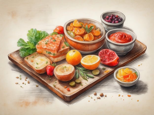 Auf dem Bild ist ein ansprechend angerichtetes Gastronomieangebot zu sehen. Es zeigt eine Holzplatte, die mit verschiedenen Leckereien belegt ist. Darauf befinden sich:
- Ein Stück Lachs, wahrscheinlich mariniert oder gegrillt.
- Kleinere Brotscheiben, ideal für die Beilage oder als Basis für verschiedene Aufstriche.
- Ein bunten Mix aus Zitrusfrüchten wie Orangen und Zitronen.
- Schüsseln mit frischen Beilagen: eine intensively-orange Schale gefüllt mit Mandarinen, eine kleinere mit wahrscheinlich Marmelade oder einer pikanten Sauce und eine weitere mit dunklen Beeren.
- Einige dekorative Kräuter, die das Gericht optisch aufwerten.
Insgesamt vermittelt das Bild einen frischen, einladenden Eindruck für ein leichtes, gesundes Essen oder einen Snack.