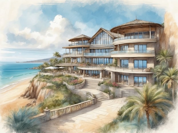 Auf dem Bild ist eine elegante, moderne Hotelanlage zu sehen, die wahrscheinlich an einem Strand oder einer Küste liegt. Das Gebäude hat große Fenster und eine ansprechende Architektur, die mit natürlichen Materialien gestaltet ist. Umgeben von Palmen und grüner Vegetation, scheint es sich harmonisch in die Landschaft einzufügen.
Das **Leonardo Crystal Cove Hotel & Spa** ist bekannt für seine luxuriöse Ausstattung und atemberaubenden Ausblicke auf das Meer. Es bietet eine Vielzahl von Annehmlichkeiten, darunter ein Spa, Pools und gastronomische Einrichtungen, die darauf abzielen, den Gästen Entspannung und Komfort zu bieten. Die Lage des Hotels dürfte ideal für Erholungssuchende sein, die sowohl Ruhe als auch Zugang zu Stränden und Aktivitäten in der Natur suchen.