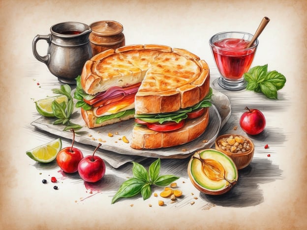 Auf dem Bild ist ein köstlicher Sandwich zu sehen, der reichhaltig mit frischem Gemüse, Schinken und Käse belegt ist. Neben dem Sandwich befinden sich verschiedene Zutaten wie Limetten, Kirschen und Nüsse, die das Gericht perfekt ergänzen. Dazu wird ein erfrischendes Getränk in einem Glas präsentiert, das farbenfroh aussieht und wahrscheinlich fruchtig schmeckt.
Diese Anordnung könnte in einem gemütlichen Bistro oder einer Bar genossen werden, wo man sich mit leckeren Snacks und Getränken entspannen kann. Der Anblick weckt Lust auf kulinarische Genüsse und gesellige Stunden.
