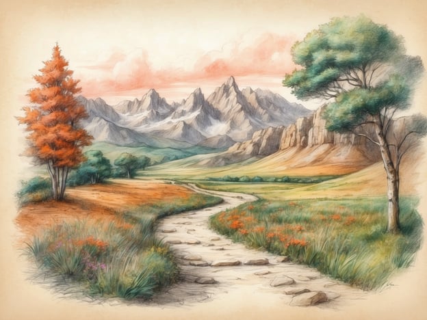 Auf dem Bild ist eine malerische Landschaft zu sehen. Im Vordergrund führt ein gewundener Weg durch eine grüne Wiese, umgeben von bunten Wildblumen. Links steht ein schlanker Baum mit leuchtend orangefarbenem Laub, während sich rechts ein weiterer Baum in einem kräftigen Grün zeigt. Im Hintergrund erheben sich majestätische Berge, deren Spitzen von Schnee bedeckt sind, und der Himmel strahlt in sanften Rosa- und Blautönen.
Diese Umgebung eignet sich hervorragend für verschiedene Ausflugsmöglichkeiten. Wandern ist eine ideale Aktivität, da die Wege in die Berge und durch die Wiesen einladen, die Natur zu erkunden. Zusätzlich könnte man hier Picknicken oder Fotografieren, um die malerische Kulisse festzuhalten. In der Nähe könnten auch Möglichkeiten zum Mountainbiken oder Reiten bestehen, um die Umgebung noch intensiver zu erleben.