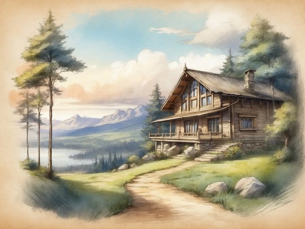 Auf dem Bild ist eine malerische Holzhütte zu sehen, die sich in einer idyllischen Umgebung befindet. Sie steht auf einem sanften Hügel, umgeben von hochgewachsenen Bäumen, die eine natürliche und entspannende Atmosphäre schaffen. Im Hintergrund zeichnen sich majestätische Berge ab, die mit sanften Wolken und einem klaren Himmel kontrastieren.
Der Weg, der zur Hütte führt, ist von grünen Wiesen und kleinen Steinen gesäumt, was das Gefühl von Abgeschiedenheit und Ruhe verstärkt. Diese Lage könnte ideal für Erholungssuchende sein, die die Natur genießen und dem hektischen Alltag entfliehen möchten. Das Ambiente strahlt Gemütlichkeit und Frieden aus, ideal für eine Auszeit in der Natur.