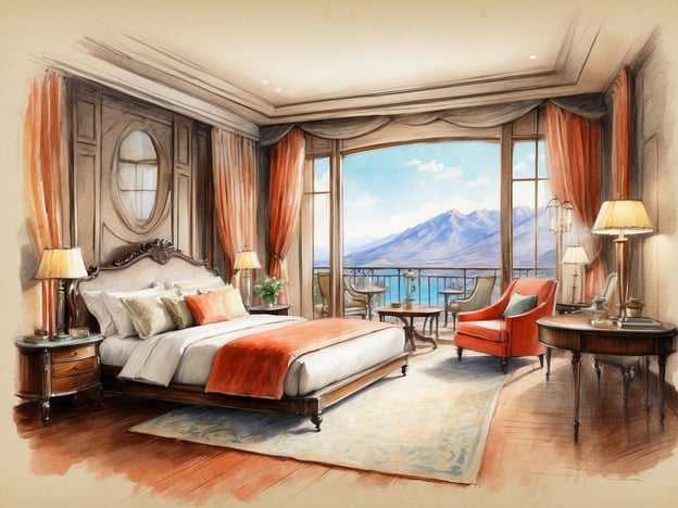 Das Bild zeigt eine elegante Hotelzimmeransicht. Es ist geschmackvoll eingerichtet mit einem großen Bett, bunten Kissen und einem warmen Farbkonzept, das orange und beige umfasst.
Neben dem Bett stehen Nachttische mit Lampen, und es gibt Sitzgelegenheiten in Form eines bequemen Sessels und einem Tisch. Die großen Fenster bieten einen atemberaubenden Blick auf eine Berglandschaft und das Wasser, was dem Raum eine helle und einladende Atmosphäre verleiht. Die Einrichtung strahlt Komfort und Luxus aus, ideal für einen erholsamen Aufenthalt in einem Hotel.