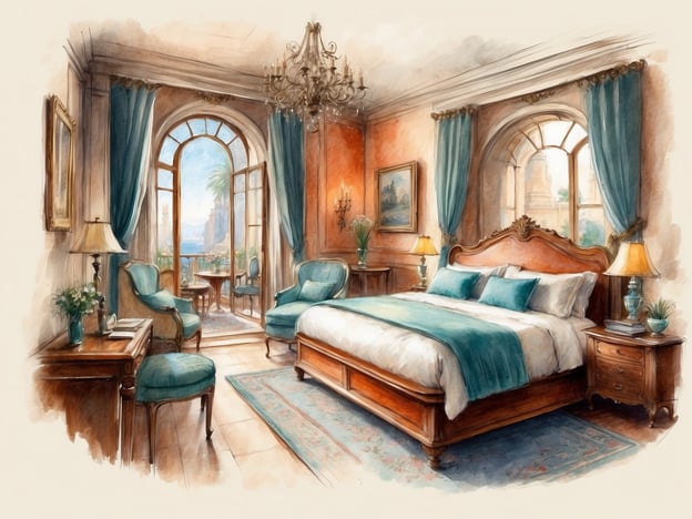 Auf dem Bild ist ein elegantes Schlafzimmer zu sehen. Das Zimmer verfügt über ein großes Bett mit blauen Kissen und einer dekorativen Bettdecke. An den Wänden hängen Bilder, und die Fenster sind mit langen, türkisfarbenen Vorhängen geschmückt, die viel Licht hereinlassen.
Es gibt auch gemütliche Sitzgelegenheiten, bestehend aus zwei Stühlen neben einem kleinen Tisch. Eine hübsche Blumenarrangement steht auf einem Beistelltisch. Das Zimmer vermittelt eine luxuröse und einladende Atmosphäre, ideal für einen entspannenden Aufenthalt.