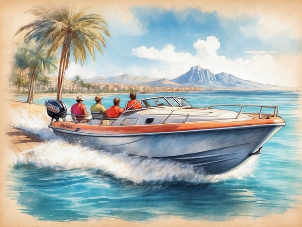Auf dem Bild ist ein Boot zu sehen, das über das Wasser fährt. Die Umgebung scheint tropisch zu sein, mit Palmen am Ufer und einer bergigen Landschaft im Hintergrund. Solche Schauplätze sind oft in beliebten Urlaubsdestinationen zu finden, wo man Bootsfahrten unternehmen kann, wie zum Beispiel in der Region um das Mittelmeer oder an tropischen Stränden.
In der Nähe könnten Sehenswürdigkeiten wie schöne Strände, Wassersportaktivitäten, entspannende Strandpromenaden oder malerische Küstenorte liegen. Man könnte auch Aktivitäten wie Schnorcheln, Angeln oder Bootsverleih genießen. Die Berge im Hintergrund könnten Anziehungspunkte für Wanderungen oder atemberaubende Ausblicke bieten.