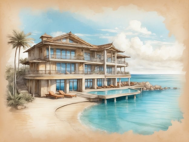 Das Bild zeigt eine elegante Hotelanlage am Wasser. Im Vordergrund sieht man eine weitläufige Terrasse mit Liegen, die zum Entspannen einladen. Der Pool scheint direkt in das Meer überzugehen, was den Eindruck von Luxus und Exklusivität verstärkt.
Das Gebäude hat mehrere Stockwerke mit großen Fenstern, die viel Tageslicht hereinlassen und einen schönen Blick auf das Wasser ermöglichen. Palm trees und eine sanfte Strandlinie umgeben das Hotel, was eine tropische Atmosphäre schafft. Die Architektur ist modern, aber mit traditionellen Elementen, die dem Hotel einen besonderen Charme verleihen.
Insgesamt strahlt das Bild eine entspannende Urlaubsatmosphäre aus und lädt dazu ein, die Schönheit der Natur zu genießen.