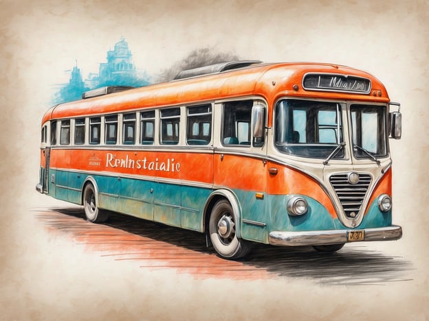 Auf dem Bild ist ein altmodischer Omnibus zu sehen, der in auffälligen Farben lackiert ist, hauptsächlich in Orange und Türkis. Der Bus trägt die Aufschrift "Reinhstaialie", was auf einen spezifischen Busdienst oder Besitzer hinweisen könnte. Die Darstellung hat einen künstlerischen, gezeichneten Stil und vermittelt ein nostalgisches Flair.
**Service:** Wie bei historischen Fahrzeugen üblich, könnte dieser Bus zu touristischen Zwecken oder für besondere Veranstaltungen eingesetzt werden.
**Extras:** Möglicherweise sind in der Umgebung noch andere interessante Sehenswürdigkeiten oder Elemente sichtbar, die das Gesamtbild ergänzen, aber hier liegt der Fokus klar auf dem Bus selbst.