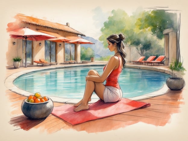 Auf dem Bild ist eine entspannte Frau zu sehen, die am Rand eines Pools sitzt. Sie genießt die Sonne und die friedliche Atmosphäre. Rund um den Pool gibt es bequeme Liegen und sonnige Schirme, die eine ideale Umgebung für Freizeitaktivitäten schaffen.
Neben dem Pool steht eine Schale mit frischen Früchten, die eine gesunde Snack-Option bietet. Diese Szene vermittelt ein Gefühl von Wellness und Entspannung, perfekt für einen Tag im eigenen Garten oder am Wellnessort. Die gesamte Umgebung lädt dazu ein, sich zu erholen und die Seele baumeln zu lassen.