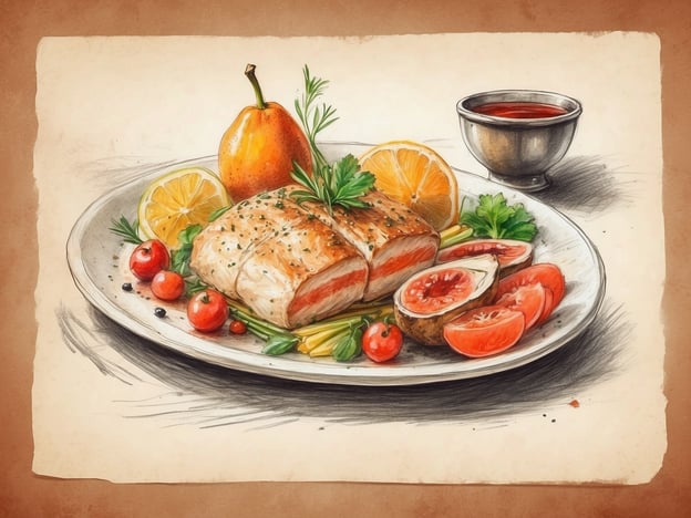 Auf dem Bild ist ein ansprechend dekorierter Teller mit einem Hauptgericht zu sehen. Es handelt sich wahrscheinlich um ein Gericht mit Fisch, möglicherweise Lachs, der in einer Kruste oder mit Kräutern zubereitet wurde. Neben dem Fisch sind verschiedene Beilagen wie frische Tomaten und eine halbierte Feige angeordnet.
Zusätzlich sieht man eine Birne und Zitronenscheiben, die dem Gericht eine fruchtige Note verleihen. Ein kleine Schüssel mit einer Sauce, vielleicht einer süß-sauren oder würzigen Sauce, ergänzt das Ganze. Insgesamt vermittelt das Bild einen eleganten Eindruck, der Lust auf eine feine, gastronomische Erfahrung macht.