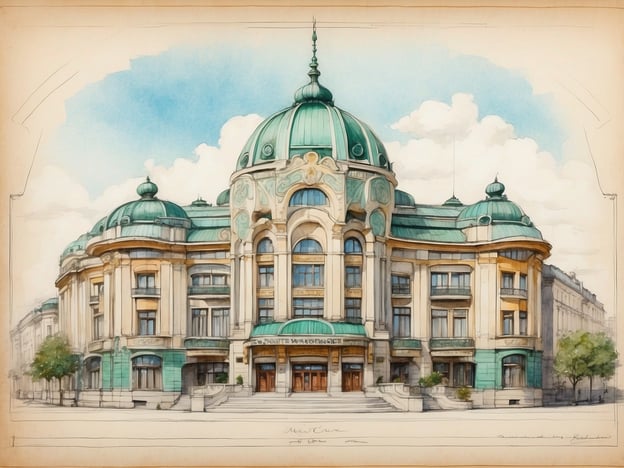 Auf dem Bild ist ein prächtiges Gebäude mit einer auffälligen Fassade und Kuppeln zu sehen, das an die Werke von Otto Wagner erinnert. Wagner war ein einflussreicher österreichischer Architekt des Fin de Siècle, bekannt für seine innovative Herangehensweise an den Jugendstil und für seine Rolle in der Umgestaltung Wiens.
Die Detailverliebtheit und die ornamentalen Elemente des Gebäudes spiegeln den typischen Stil Wagners wider, der oft mit kontrastreichen Materialien und einer harmonischen Verbindung zwischen Funktionalität und Ästhetik arbeitete. Die Kuppeln und die geschwungenen Formen in der Architektur könnten an Wagners Entwürfe wie das Palais Stoclet oder die Stadtbahn-Haltestellen erinnern. Die Verwendung klarer Linien und farbiger Akzente vermitteln eine moderne, jedoch nostalgische Stimmung, für die Wagners Arbeiten bekannt sind.