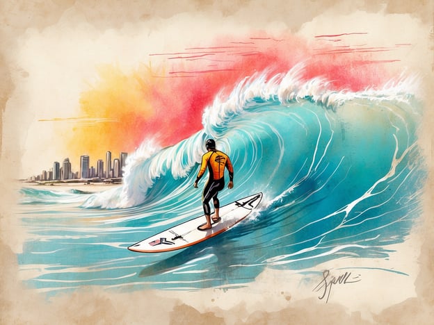 Das Bild zeigt einen Surfer, der auf einer großen Welle reitet, mit einer beeindruckenden Küstenlinie einer Stadt im Hintergrund. Die Farben sind lebhaft und vermitteln eine dynamische Stimmung, die das Gefühl von Freiheit und Abenteuer beim Surfen einfängt.**Die Zukunft des Surfens in Hawaii** wird durch solche Szenen geprägt sein, in denen fortschrittliche Technologien und nachhaltige Praktiken eine Rolle spielen, um die Schönheit der Natur zu bewahren und gleichzeitig das Surfen für zukünftige Generationen zu fördern. Surfer könnten in der Zukunft auch neue Techniken und Ausrüstungen nutzen, um das Erlebnis auf den Wellen zu verbessern und die Umweltauswirkungen zu minimieren.