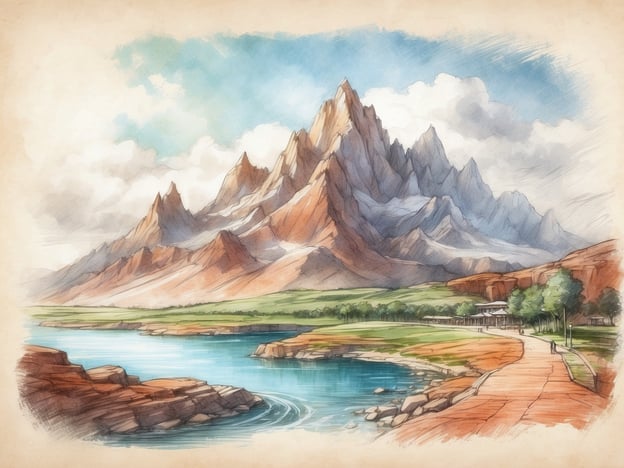 Auf dem Bild sind beeindruckende Berggipfel zu sehen, die sich majestätisch in den Himmel erheben. Die Berge haben eine rot-braune Färbung und sind mit klaren, scharfen Kanten dargestellt. Im Vordergrund fließt ein ruhiger Fluss, der in sanften Wellen plätschert.
Rechts im Bild verläuft ein asphaltierter Weg, der sich entlang des Flusses windet und von Bäumen gesäumt ist. Auf dem Weg ist eine Person zu sehen, die spazieren geht. In der Umgebung herrscht eine friedliche und natürliche Atmosphäre, während einige freundliche Wolken den Himmel schmücken. Es scheint, als wäre das Bild in einer malerischen Landschaft gefangen, die zum Wandern und Verweilen einlädt.
