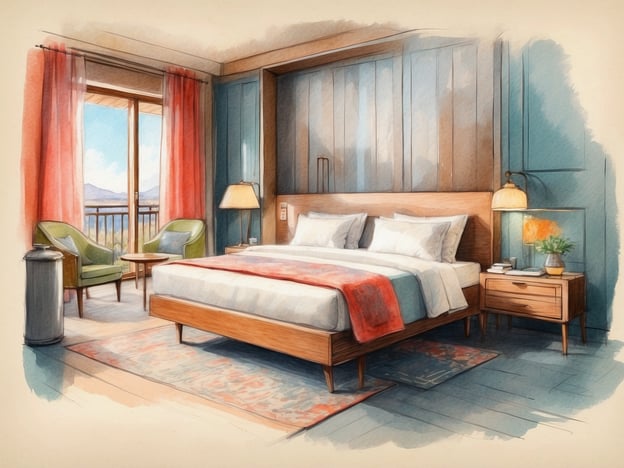 Auf dem Bild ist ein gemütliches Zimmer zu sehen. Es handelt sich um ein Schlafzimmer mit einem großen Bett, das von hellen, modernen Tagesdecken und Kissen dekoriert ist. Neben dem Bett befinden sich Nachttische mit einer Lampe und kleinen dekorativen Elementen.
Das Zimmer hat große Fenster mit roten Vorhängen, die viel Tageslicht hereinlassen und einen Blick auf eine landschaftliche Umgebung bieten. Zwei grüne Stühle mit einem kleinen Tisch befinden sich in einer Ecke, was einen einladenden Sitzbereich schafft. Der Fußboden ist mit einem Teppich ausgelegt, und die Wände sind in sanften Farben gehalten, was eine ruhige und entspannende Atmosphäre vermittelt.