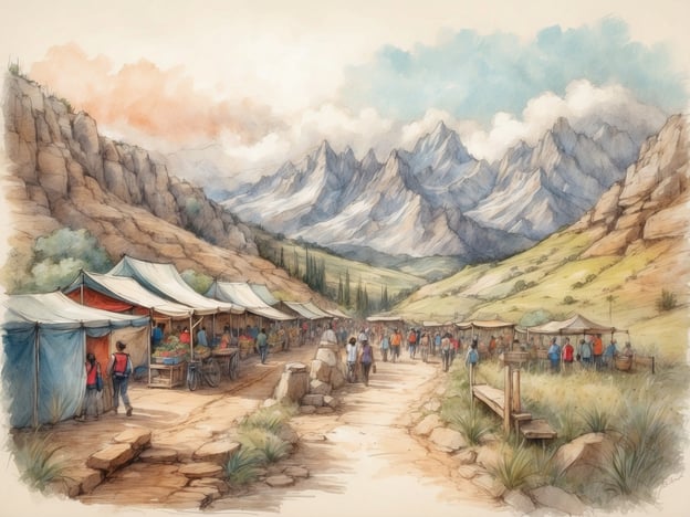 Auf dem Bild ist ein belebter Markt in einer malerischen Berglandschaft zu sehen. Zahlreiche Stände sind aufgestellt, an denen Menschen Gemüse und andere Waren kaufen und verkaufen. Die umliegenden Berge und die Natur im Hintergrund verleihen der Szene eine idyllische Atmosphäre.
In der Nähe solcher Märkte könnten Freizeitaktivitäten wie Wandern in den Bergen, Picknicken in der Natur oder das Erkunden von Wanderwegen und Aussichtspunkten beliebt sein. Auch kulturelle Veranstaltungen oder Feste könnten in dieser Umgebung stattfinden, um die lokale Gemeinschaft und Traditionen zu feiern.