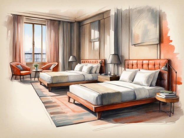 Auf dem Bild ist ein elegant gestaltetes Zimmer mit zwei Betten zu sehen. Die Betten haben gepolsterte Kopfenden und sind mit weißen Bettwäsche und dekorativen Kissen ausgestattet. Neben jedem Bett steht ein Nachttisch mit einer Lampe und kleinen Gegenständen.
In der Ecke des Zimmers befinden sich zwei gemütliche Sessel in einem warmen Farbton und ein kleiner Tisch, der mit einer Blumenvase dekoriert ist. Große Fenster lassen viel Tageslicht in den Raum, und die Vorhänge sind in sanften Farben gehalten. Der Boden ist teilweise mit einem Teppich bedeckt, der ebenfalls in abgestimmten Farben gestaltet ist, was eine einladende Atmosphäre schafft.