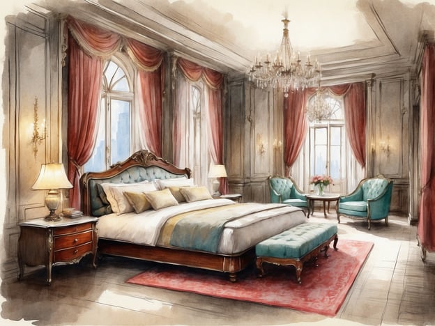 Auf dem Bild ist ein elegantes Schlafzimmer zu sehen, das einem luxuriösen Stil entspricht. Es gibt ein großes, gepolstertes Bett mit schönem Bettzeug und mehreren Kissen, die für Komfort sorgen. Neben dem Bett steht ein schmuckvoller Nachttisch mit einer Lampe und ein kleiner Hocker.
In der Ecke stehen zwei stilvolle, gepolsterte Sessel in einer schönen Farbe, um einen kleinen Tisch herum, der eine Blumenvase enthält. Große Fenster mit schweren Vorhängen sorgen für viel Licht und einen Blick nach außen. Ein Kristalllüster hängt von der Decke und verleiht dem Raum eine elegante Atmosphären.
Dies könnte eine der Suiten im ALDEN Suite Hotel darstellen, die für ihre geschmackvolle und luxuriöse Ausstattung bekannt sind.