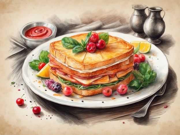 Auf dem Bild ist ein köstlich angerichtetes Sandwich zu sehen, das aus mehreren Schichten besteht und mit frischen Kräutern und Beeren garniert ist. Dazu gibt es eine kleine Schale mit Ketchup und ein paar fruchtige Beilagen wie Orange und Limette.
Im ALDEN Suite Hotel können Gäste sich auf kulinarische Erlebnisse freuen, die solche kreativen und geschmackvollen Gerichte beinhalten. Hier wird Wert auf hochwertige Zutaten und eine ansprechende Präsentation gelegt, was das Essen zu einem wahren Genuss macht.