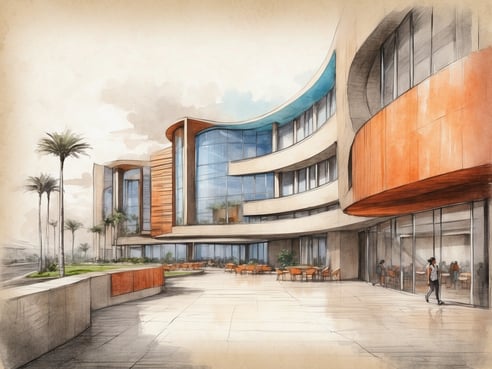Das Bild zeigt eine moderne Architektur des Casa Andina Select Chiclayo Hotels mit großen Glasfenstern und einer geschwungenen Fassade. Im Vordergrund sind elegante Terrassenmöbel und Palmen zu sehen. Die Farbgestaltung umfasst warme Töne und Akzente in Orange, während die Umgebung von einem klaren Himmel begleitet wird. Die Gesamtumgebung strahlt ein einladendes und zeitgemäßes Ambiente aus.